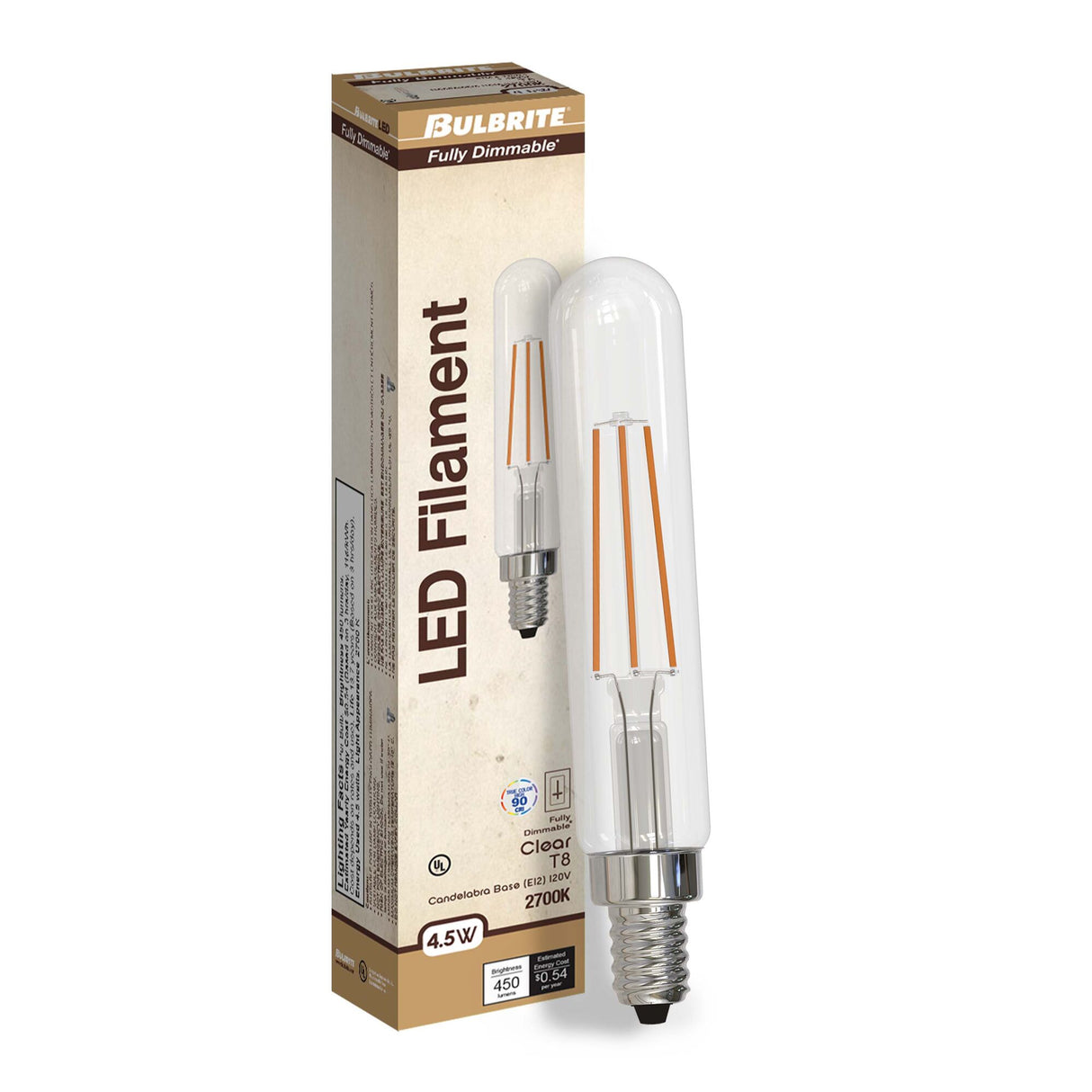 Bulbrite 776723, LED Filament 4.5 Watt Dimmable T8 Light Bulb with Clear Glass Finish and Candelabra (E12) Base - 2700K (Warm White Light), 450 Lumens