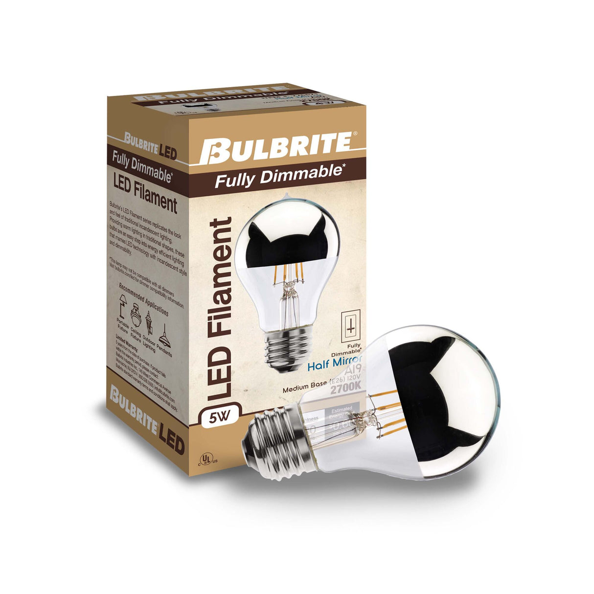 Bulbrite LED Filament Dimmable 4.5 Watt Half Chrome A19 Light Bulbs with Medium (E26) Screw Base, 2700K (Warm White Light)