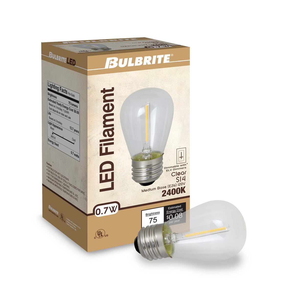 Bulbrite 776684, LED Filaments S14 Light Bulb with E26 base, Clear, 2400K, 75 Lumens