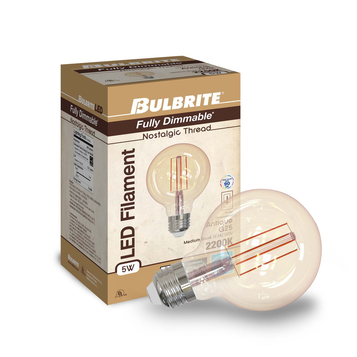 Bulbrite 776800, 5 Watt Dimmable Antique Filament G25 Medium (E26) LED Bulb - 2200K and 80 CRI