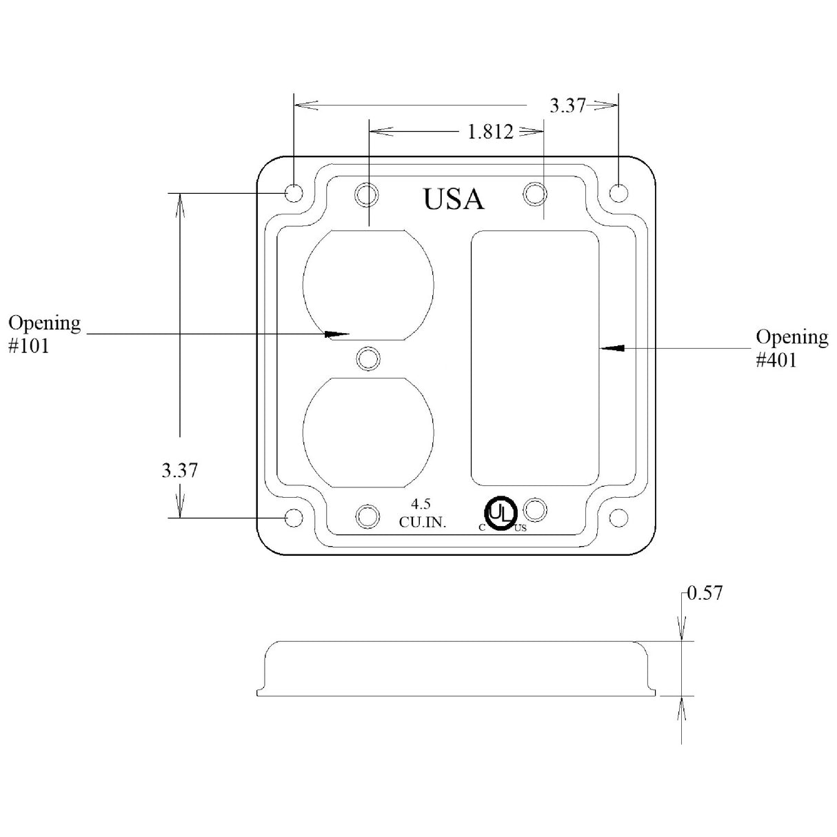 Mulberry Metal Products 11435U, 4 inch Square Galvanized Steel Rocker Switch and Duplex Receptacle Electrical Box Cover