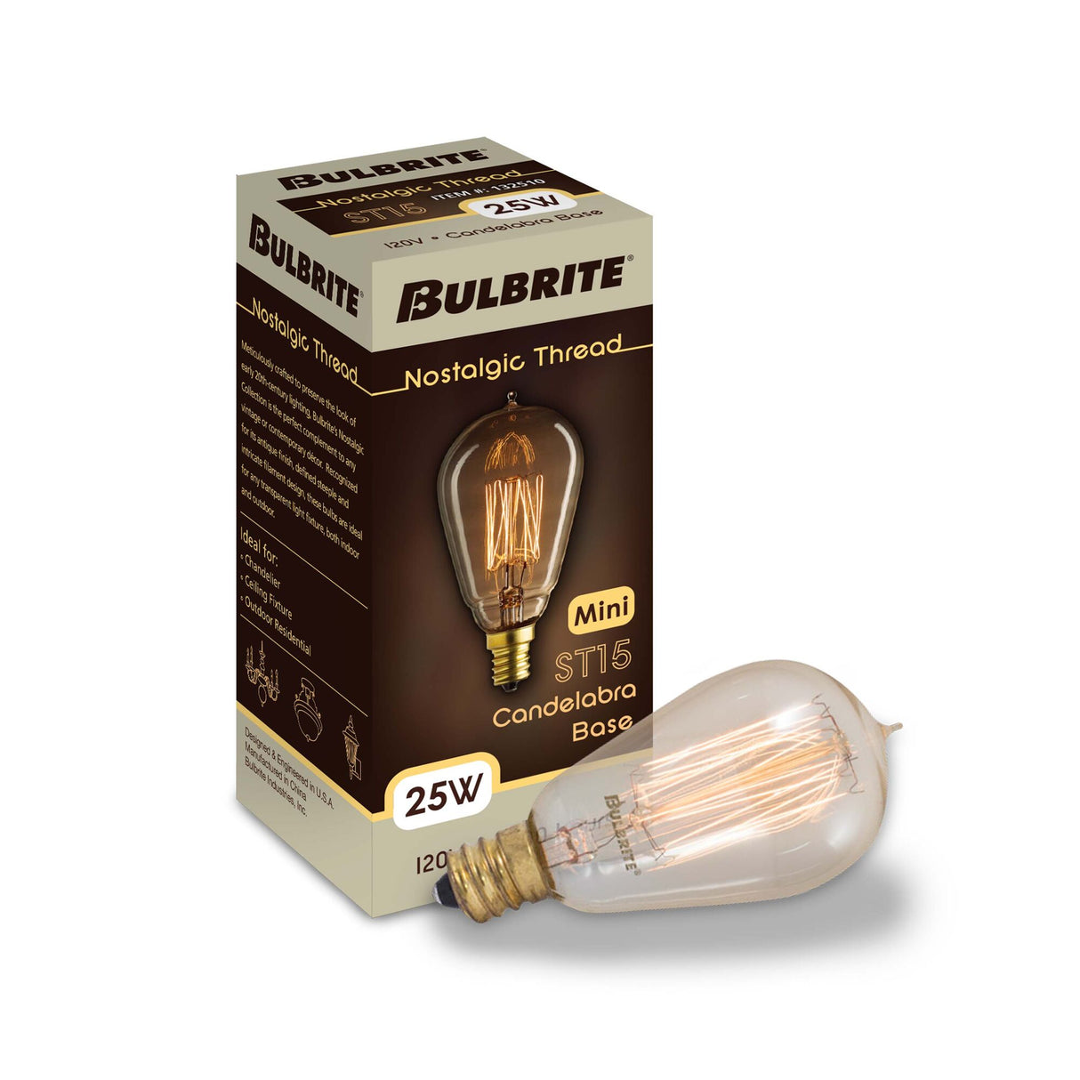 Bulbrite 25 Watt Dimmable Antique ST15 Nostalgic Thread Incandescent Light Bulbs with Candelabra (E12) Base, 2200K Amber Light