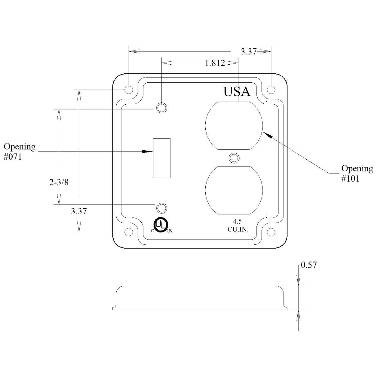 Mulberry Metal Products 11413U, 4 inch Square Galvanized Steel Toggle Switch and Duplex Receptacle Electrical Box Cover