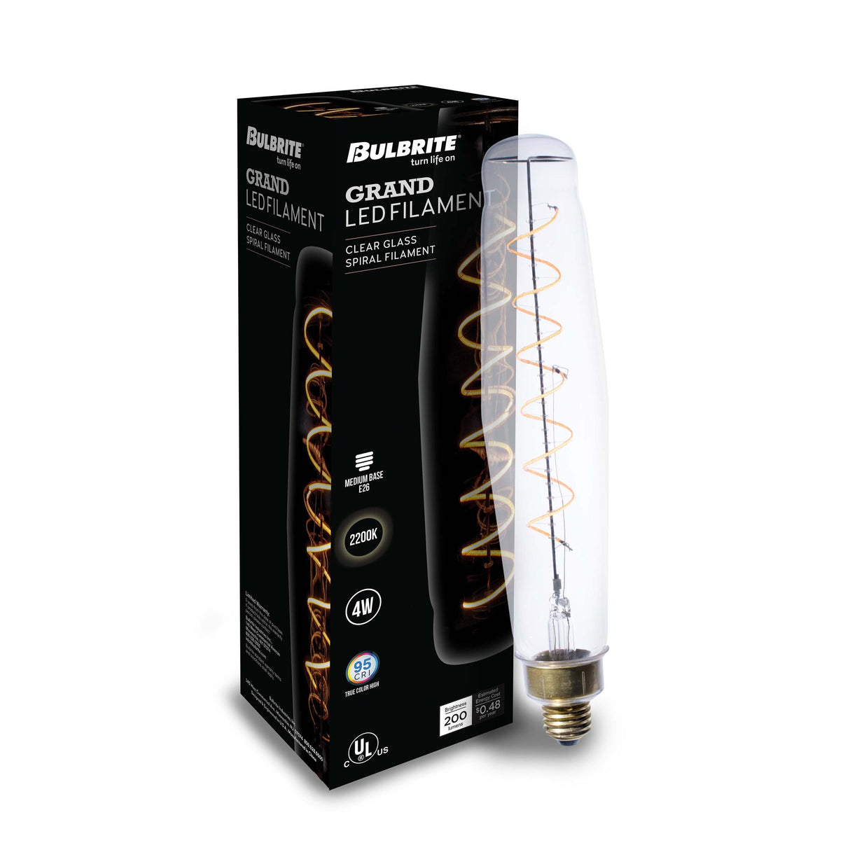 Bulbrite LED Grand Spiral Filament Tubular Shaped Light Bulb, 60 Watt Equivalent, 2200K, Clear