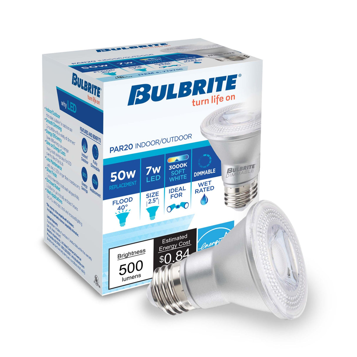 Bulbrite 7 Watt Dimmable PAR20 Wet Rated Flood LED Light Bulbs with Medium (E26) Base Base, 3000K Soft White Light, 500 Lumens