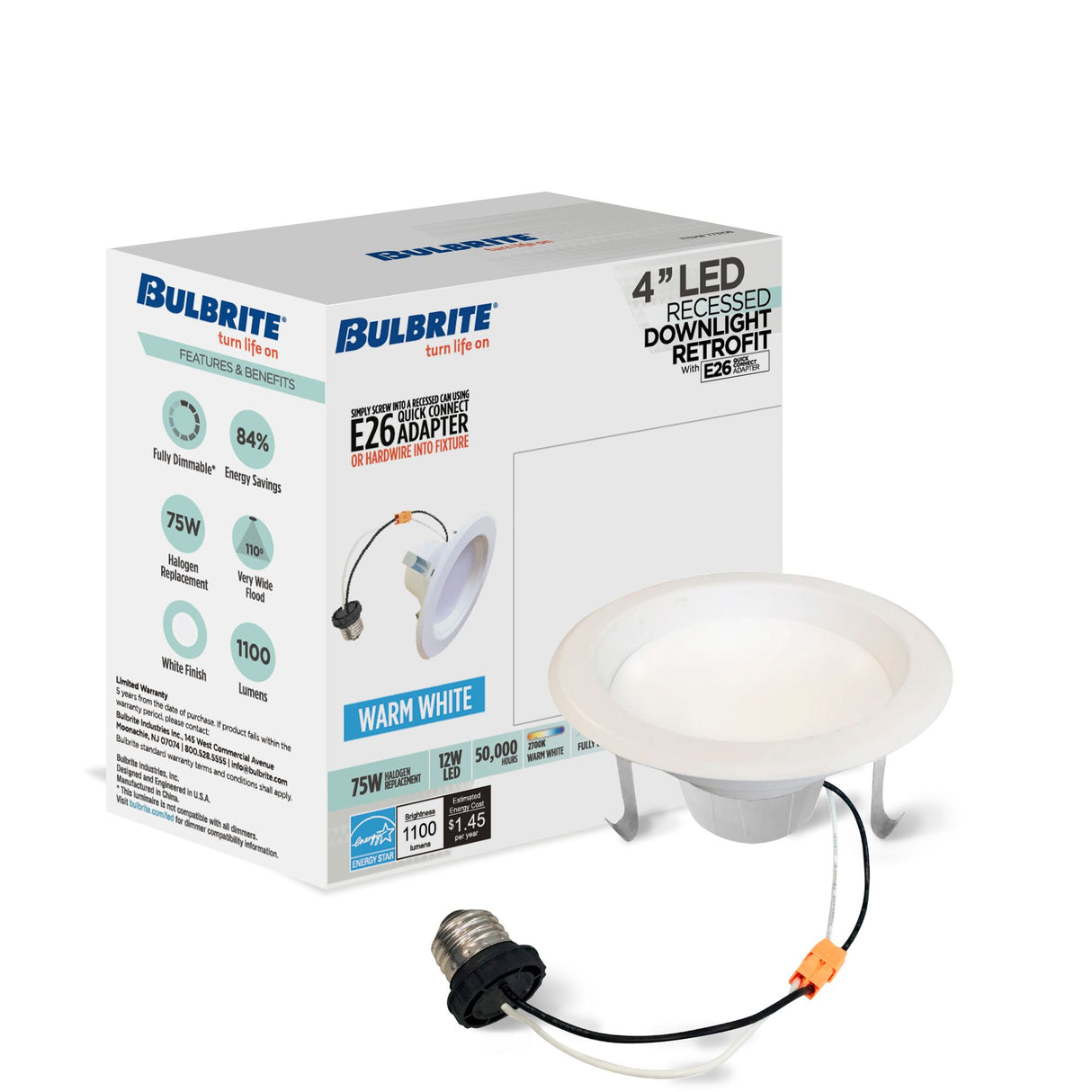 Bulbrite 12 Watt 4" Integrated LED Recessed Downlight with E26 Quick Connect Adapter, 2700K Warm White Light, 1100 Lumens