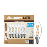 (6 Pack) Bulbrite 776230, 4-Watt B11 LED Filament Light Bulb, E12 Candelabra Base, 3000k CCT, 400 Lumen Dimmable