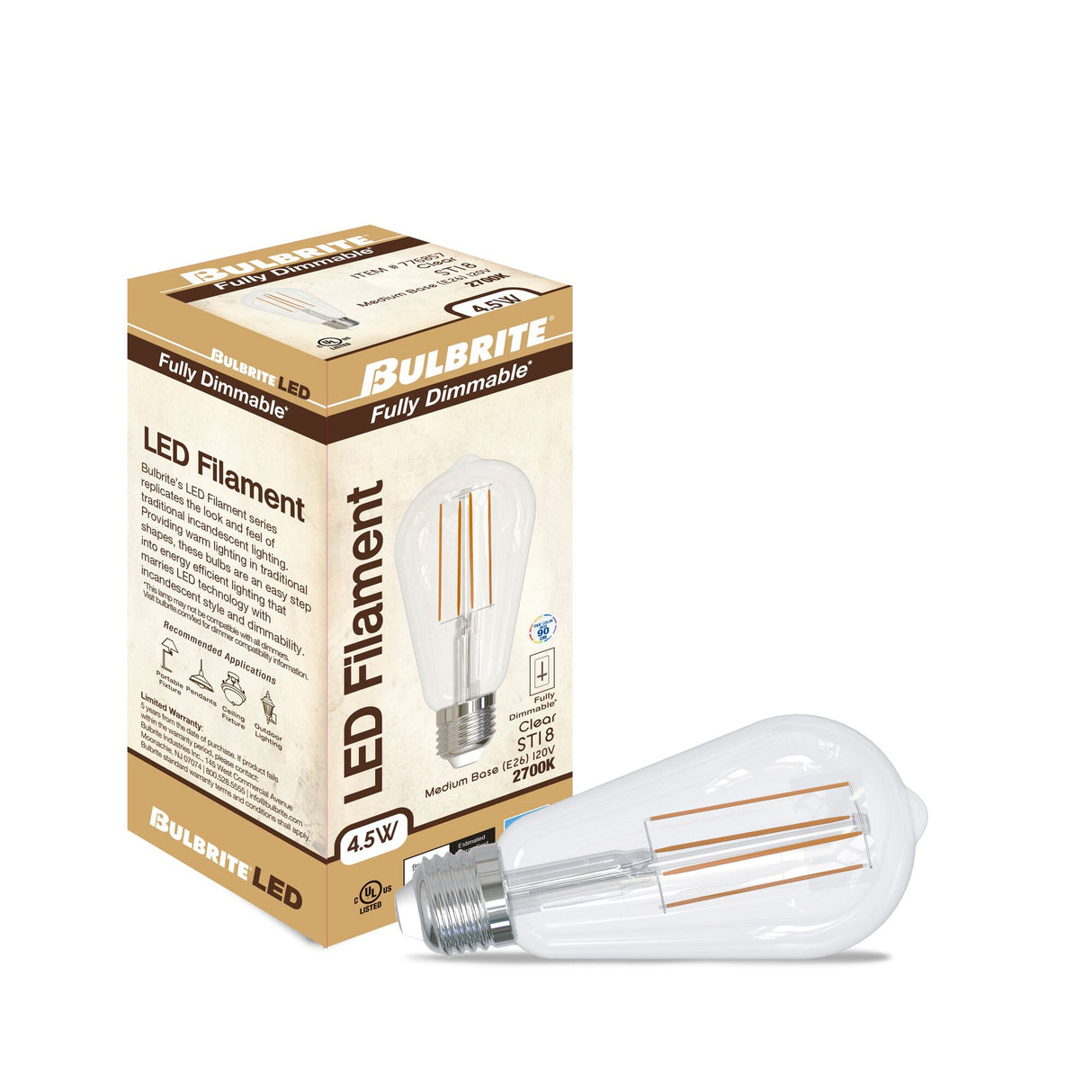 Bulbrite 4.5 Watt Dimmable Clear Filament ST18 Medium (E26) LED Light Bulb - 450 Lumens, 2700K