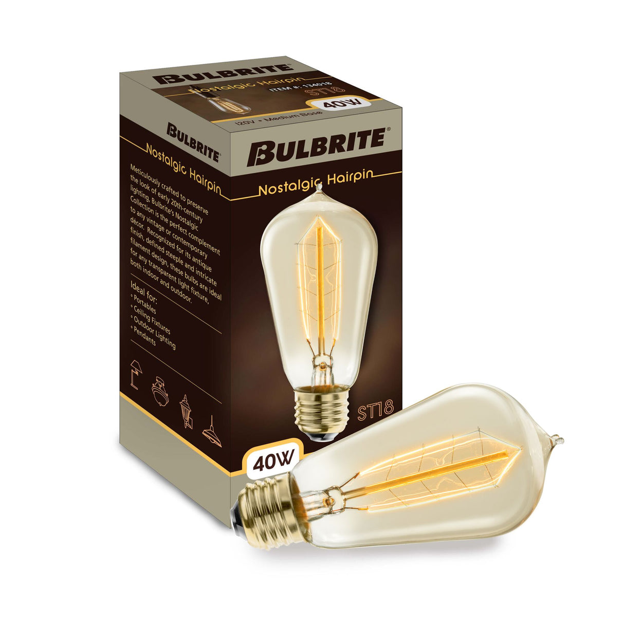 Bulbrite 40 Watt Dimmable Antique ST18 Nostalgic Hairpin Incandescent Light Bulbs with Medium (E26) Base, 2200K Amber Light