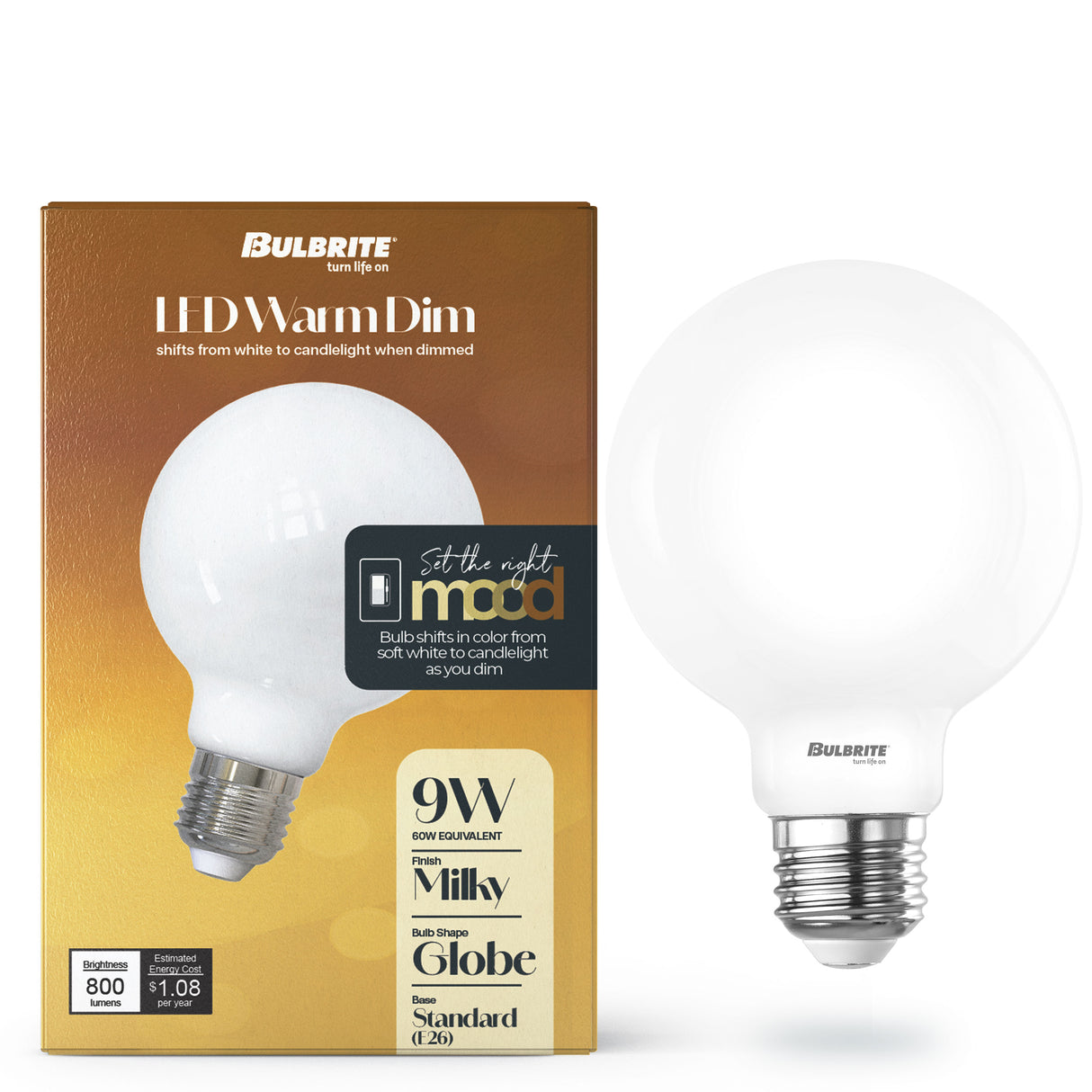 Bulbrite 9 Watt LED G25 Light Bulb, Warm Dimming 3000K (Soft White) - 1800K (Candlelight), 800 Lumens