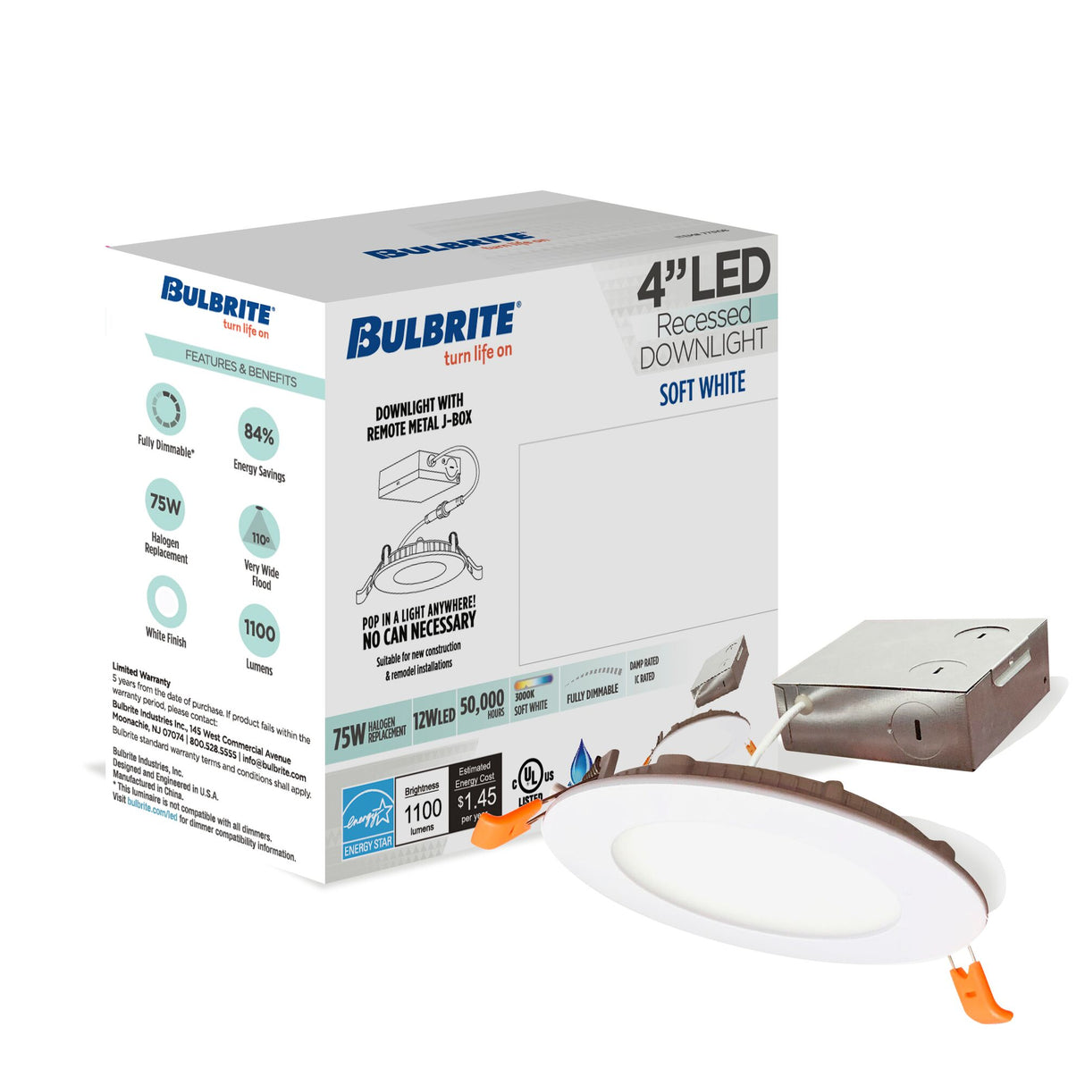 Bulbrite 12 Watt LED 4" Round Recessed Downlight Fixture with Metal J-Box, 3000 Warm Soft Light, 1100 Lumens