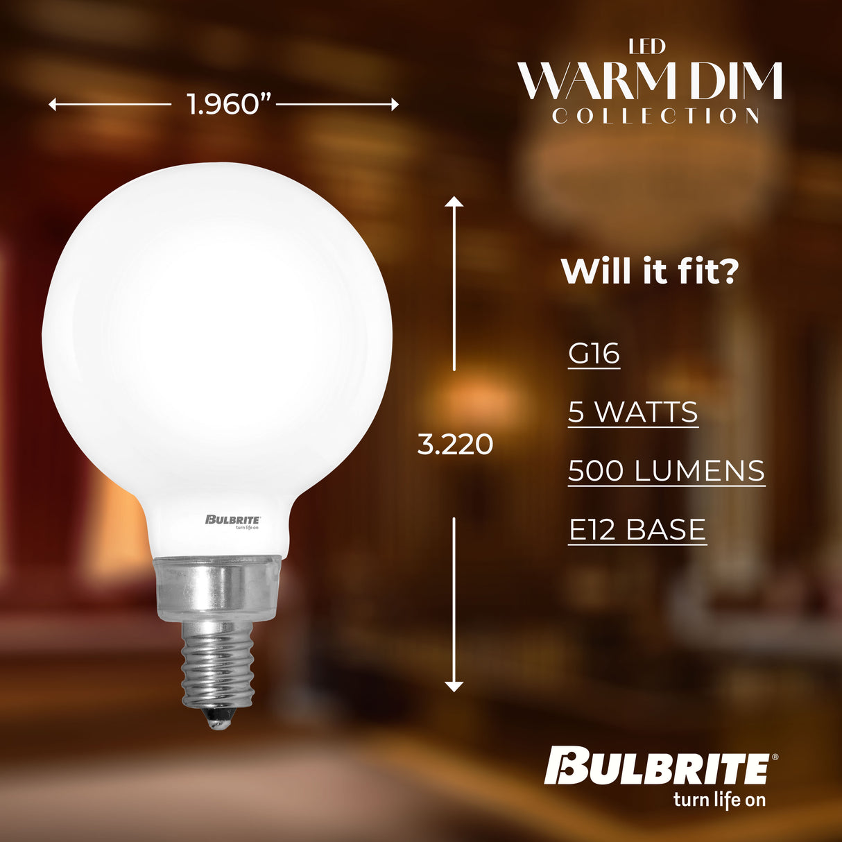 Bulbrite 776403, 5 Watt LED G16 Light Bulb, Warm Dimming 3000K (Soft White) - 1800K (Candlelight), 500 Lumens