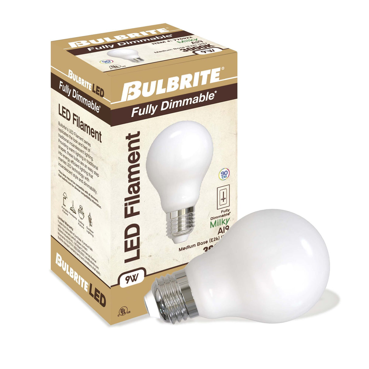 Bulbrite LED Filament 9 Watt Dimmable A19 Light Bulb with Milky Glass Finish and Medium (E26) Base - 3000K (Soft White Light), 1100 Lumens