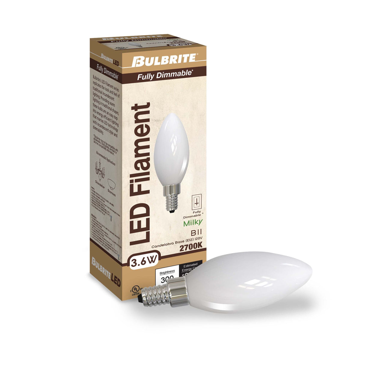 Bulbrite 3.6 Watt Dimmable Milky Finish B11 Candelabra (E12) LED Light Bulb - 300 Lumens, 2700K