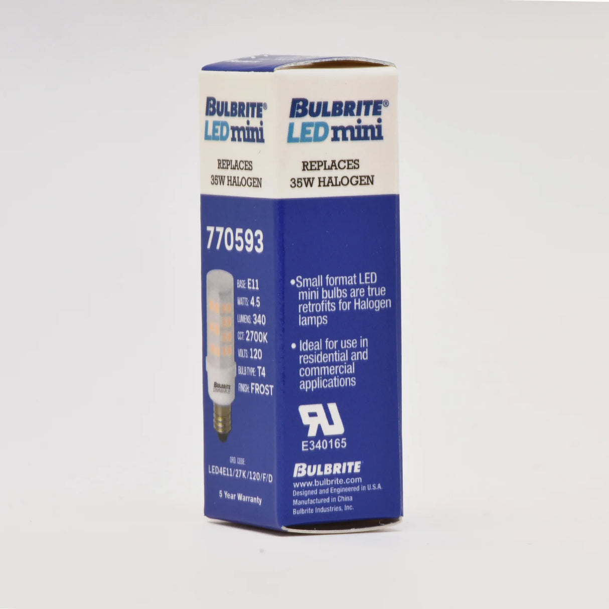 Bulbrite 770593, 4.5 Watt Dimmable Frost Mini T4 Mini-Candelabra (E11) Tubular LED Bulb - 340 Lumens, 2700K, and 80 CRI