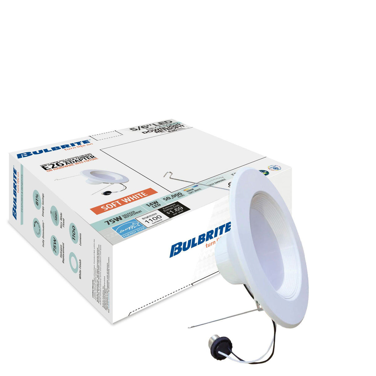 Bulbrite 14 Watt Adjustable 5/6" Integrated LED Recessed Downlight with E26 Quick Connect Adapter, 3000K Soft White Light, 1100 Lumens