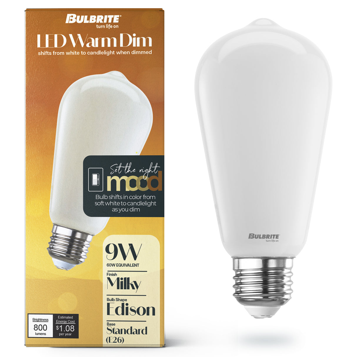 Bulbrite 9 Watt LED ST18 Light Bulb, Warm Dimming 3000K (Soft White) - 1800K (Candlelight), 800 Lumens