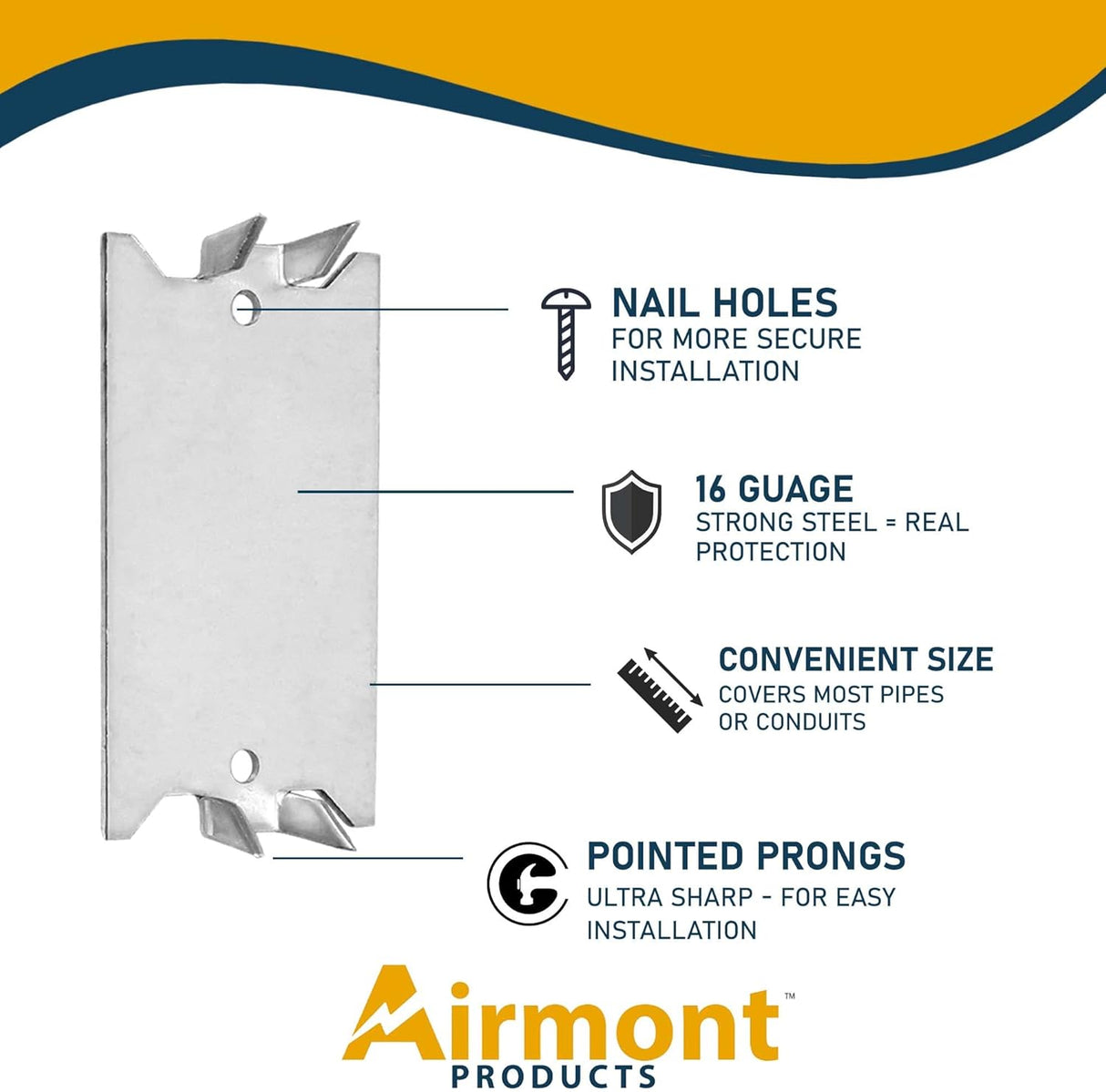 (200 Pack) Airmont Products AP-12061, Safety Nail Plate for Wood Studs 16-Gauge Steel, 1.5 x 2.5 Inch, Protect Plumbing and Wiring, Sharp Pointed Prongs, Anti-Nail Protection Plate Shield, Made in USA