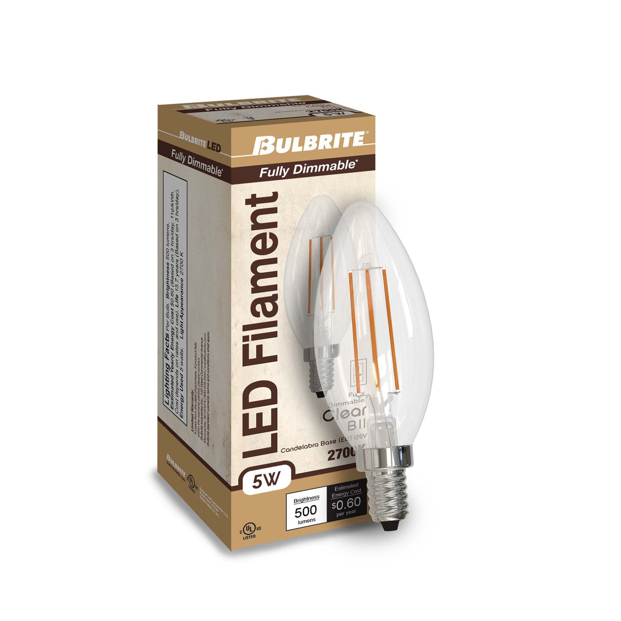 Bulbrite 5 Watt Dimmable Clear Filament B11 Candelabra (E12) LED Bulb - 500 Lumens, 2700K, and 80 CRI