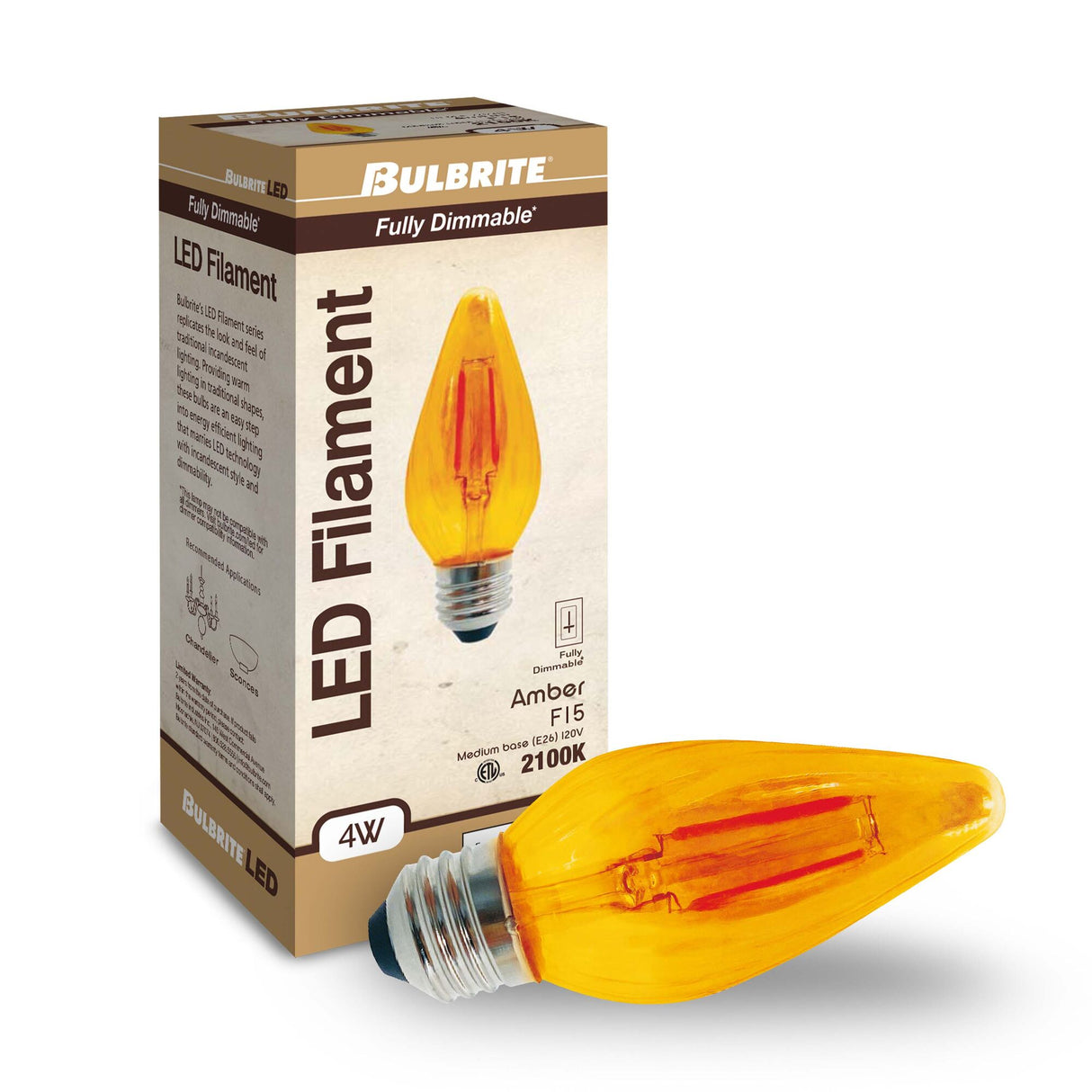 Bulbrite 776581, Fiesta 4-Watt Dimmable F15 LED Filament Light Bulb with Amber Glass Finish and Medium (E26) Base - 2100K (Amber Light), 280 Lumens