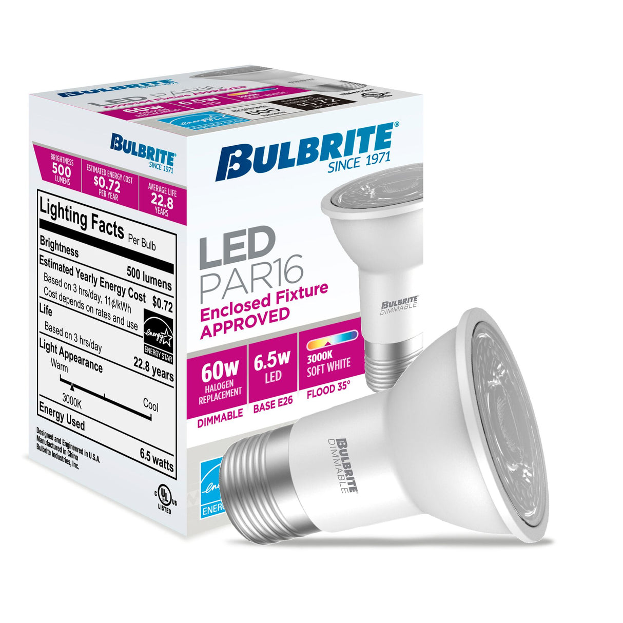 Bulbrite LED Filament 6.5 Watt Dimmable PAR16 Light Bulbs with Frost Glass Finish and Medium (E26) Base - 3000K (Cool White Light), 500 Lumens