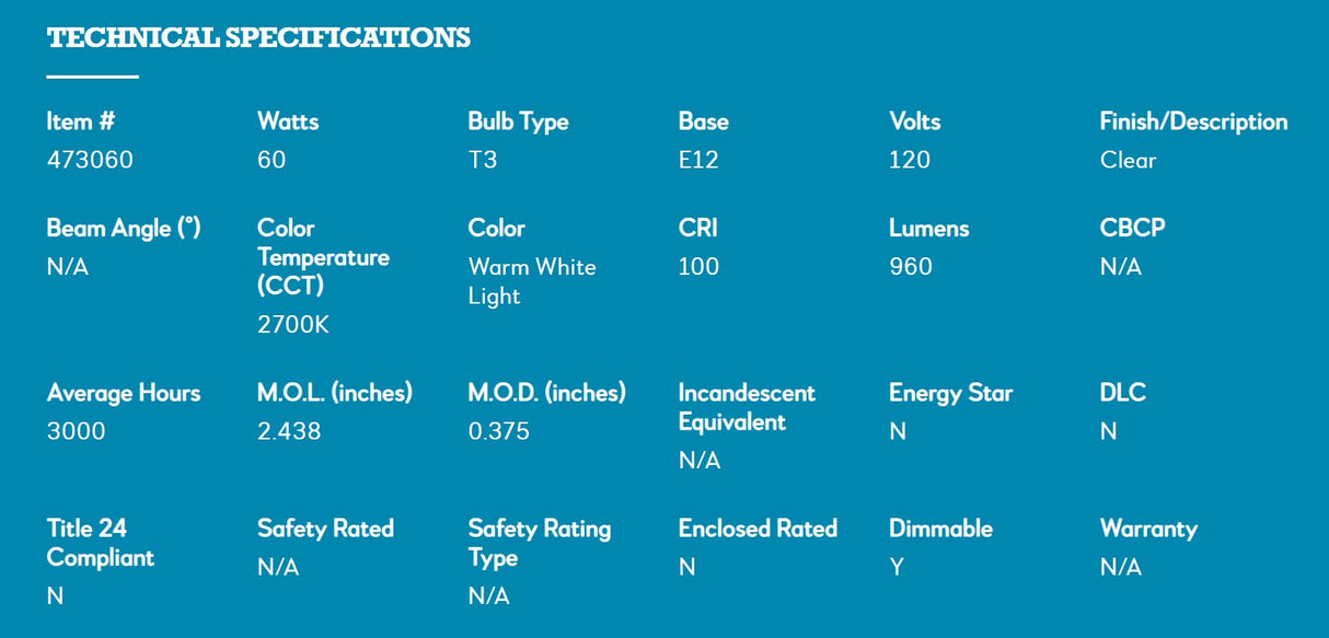 Bulbrite 473060, 60 Watt Dimmable Clear T3 Candelabra (E12) Krypton/Xenon Bulb