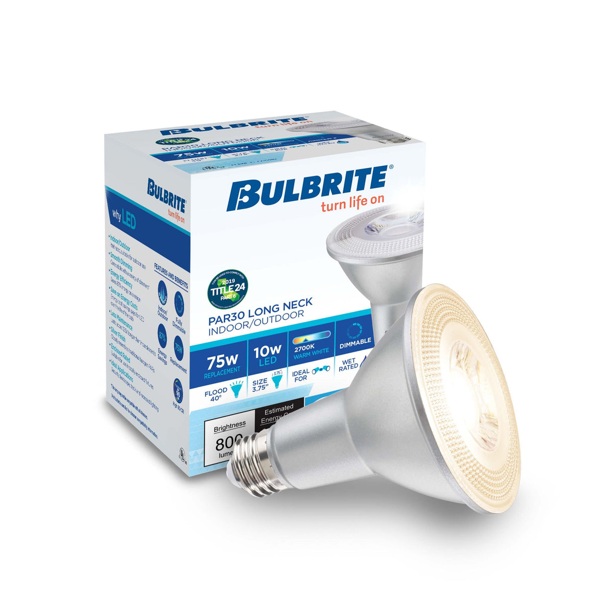 Bulbrite 10 Watt Dimmable Flood PAR30LN Medium (E26) LED Bulb - 800 Lumens, 2700K, and 90 CRI