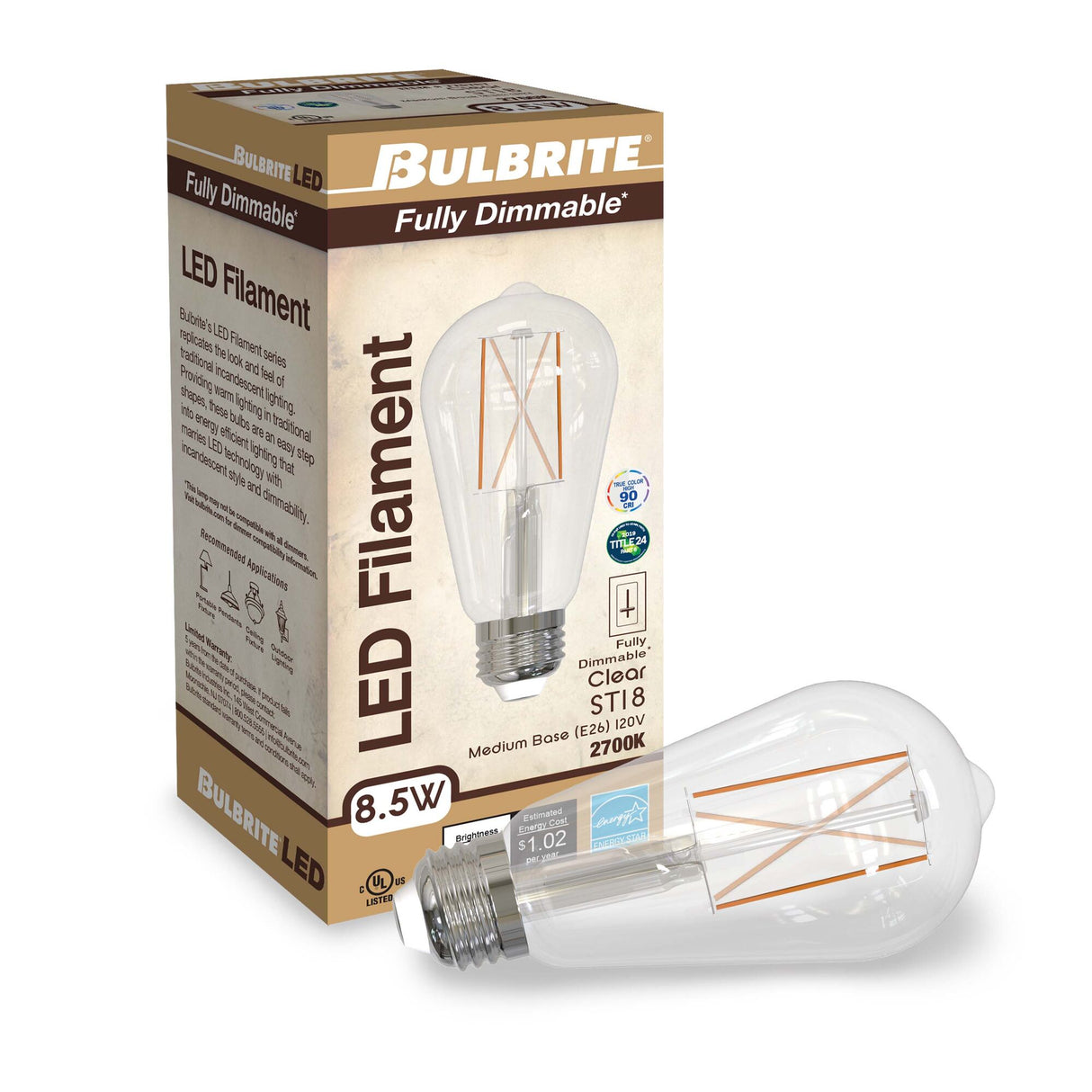 Bulbrite 776767, 8.5 Watt Dimmable Clear ST18 LED Light Bulbs with Medium (E26) Base, 2700K Warm White Light, 850 Lumens