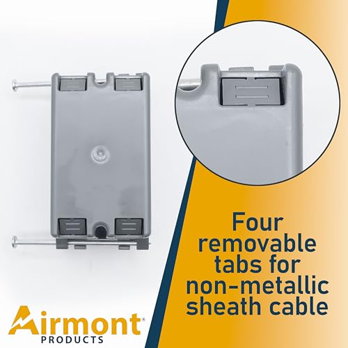 Airmont Products AP-13020 (Pack of 4) Plastic Electrical Box, Grey Outlet Box, Single Gang New Work Junction Box, Captive Nails, 20 cu. Inches, Length 3-5/8'', Width 2-1/8'', Depth 3-1/4''