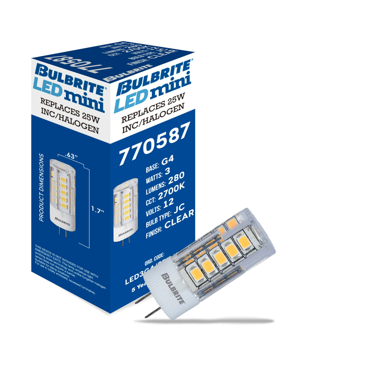 Bulbrite LED Specialty Minis JC Light Bulb with G4 base, Clear, 2700K, 280 Lumens