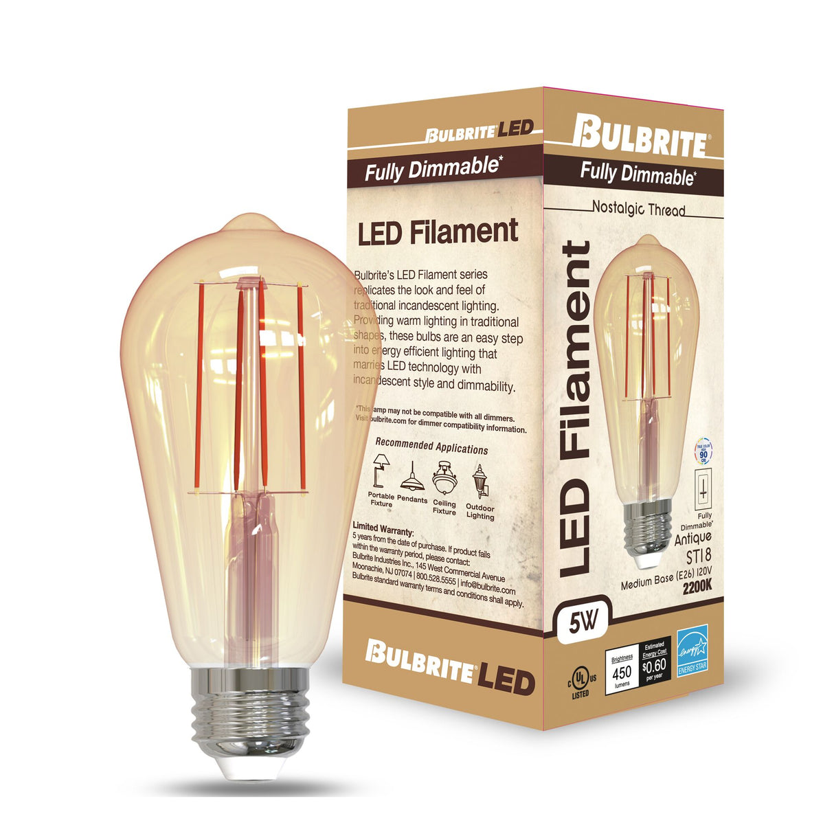 Bulbrite 5 Watt Dimmable Antique Filament ST18 Medium (E26) LED Bulb - 2200K and 80 CRI