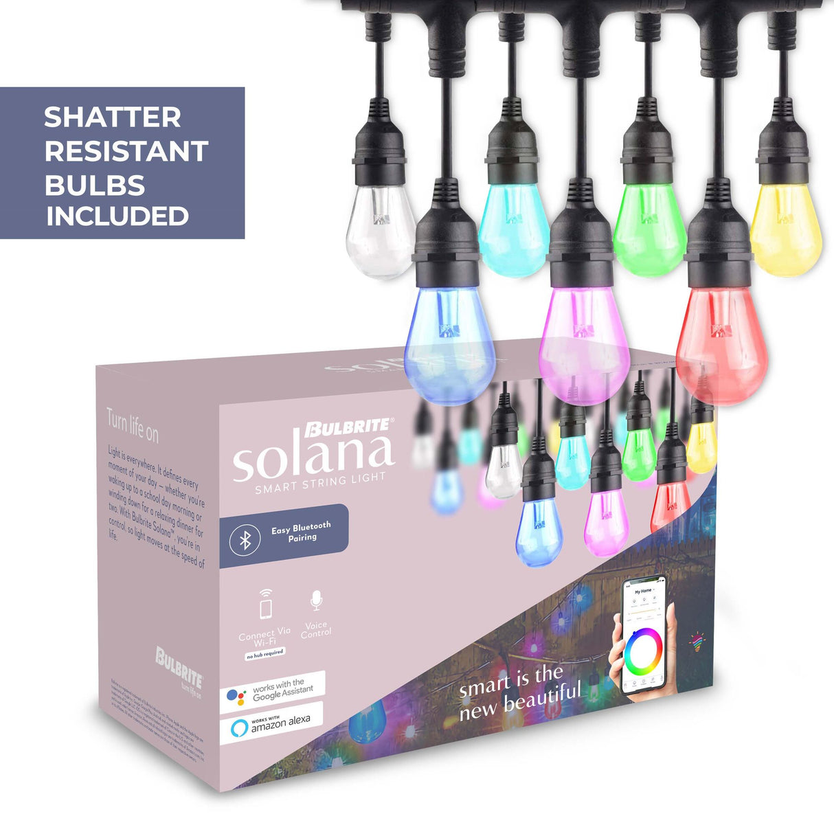 Bulbrite Solana 36-foot Smart String Light Kit with Shatter Resistant RGB Color Changing LED Light Bulbs