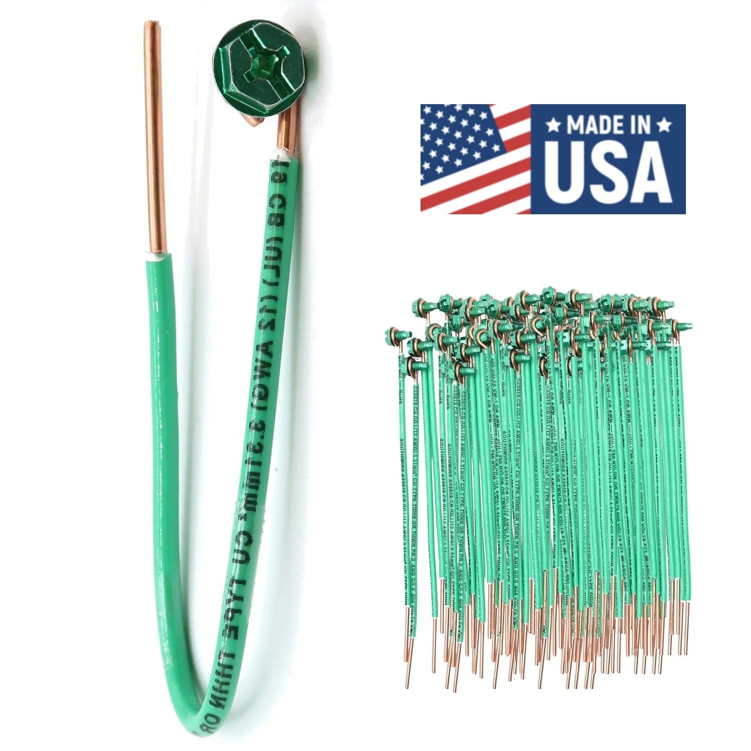 (Pack of 100) Green Ground Solid Copper Wire 6.5 Inches Long, 12 AWG, with Captive Ground Screw, Made in USA