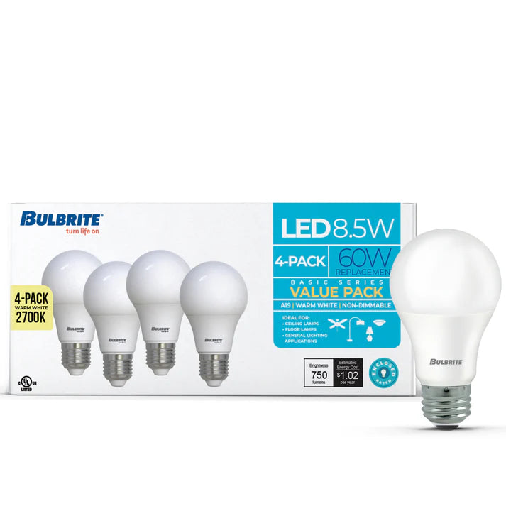 (4 Pack) Bulbrite 774247, 8.5 Watt LED A19 Light Bulb, 2700k E26 Base, 750 Lumens