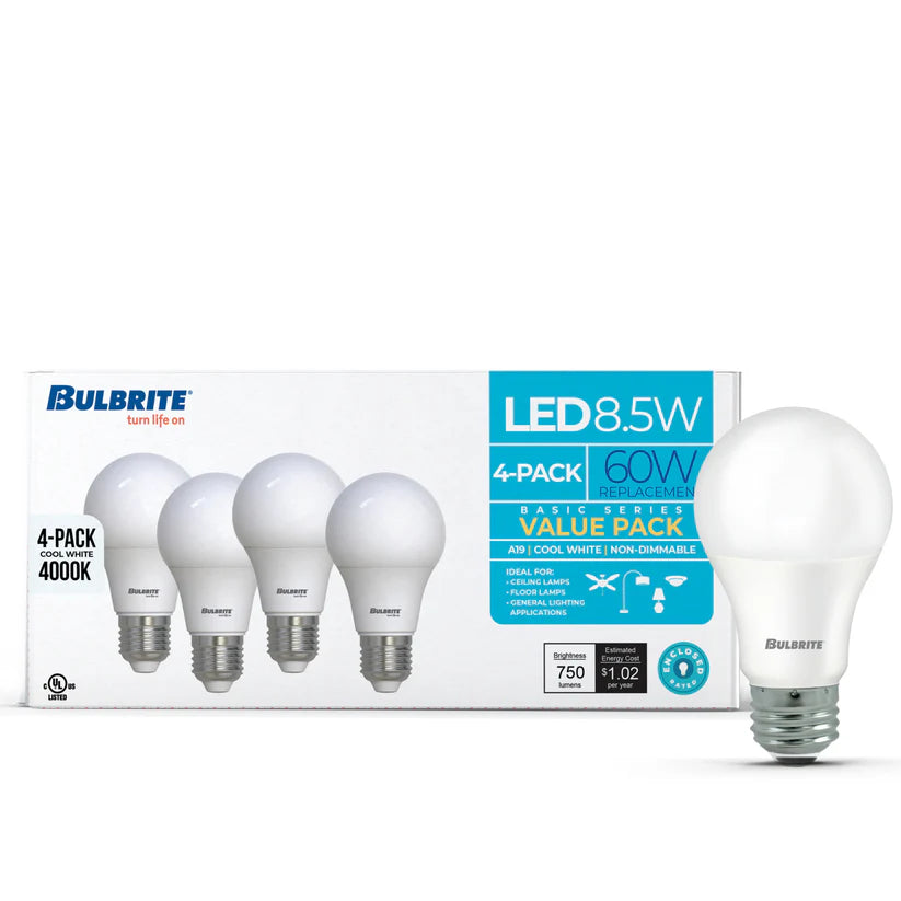 (4 Pack) Bulbrite 774249, 8.5 Watt A19 LED Light Bulb, 4000k E26 Base, 750 Lumens