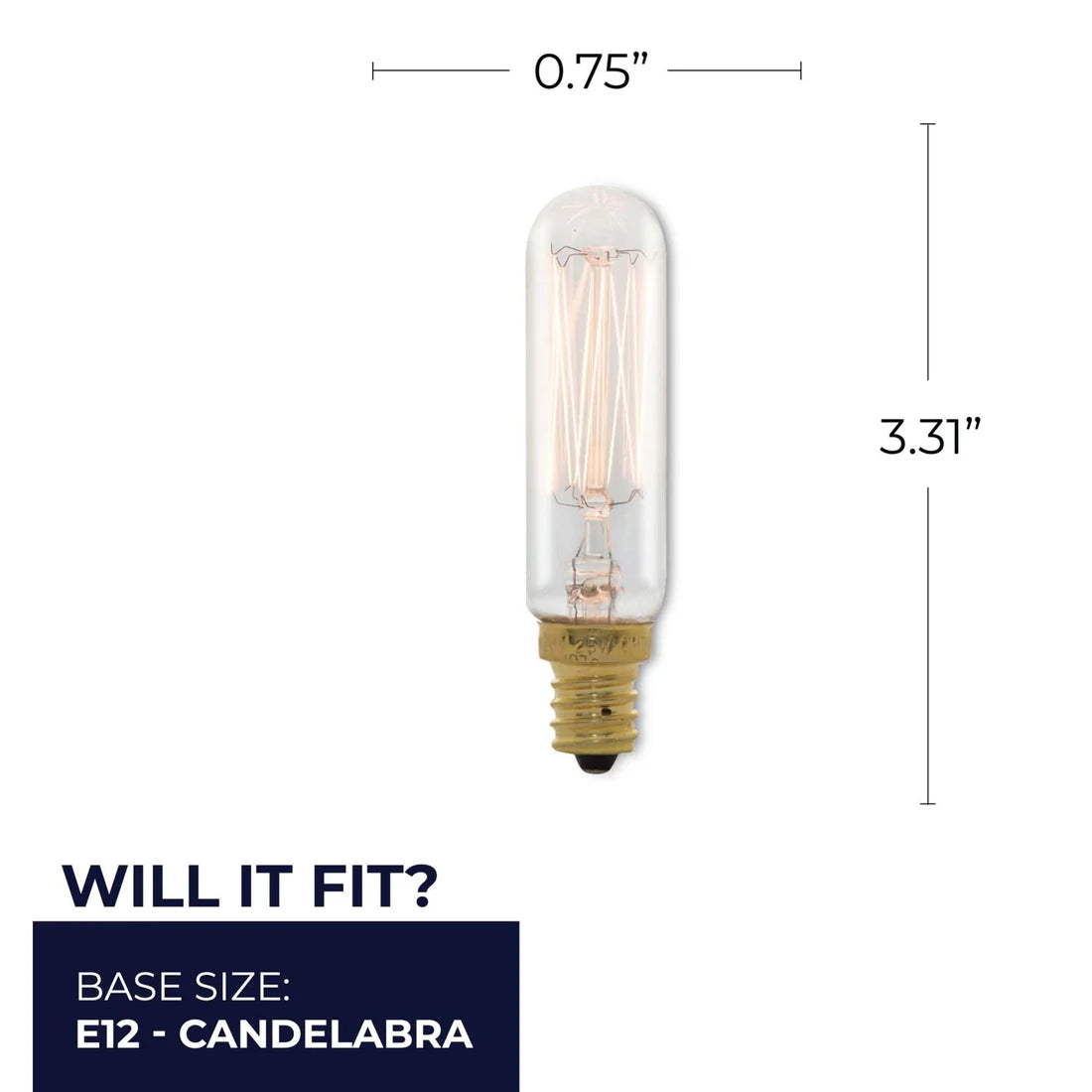 Bulbrite 132507, 25 Watt Dimmable Clear Appliance, Amusement T6 Candelabra (E12) Incandescent Tubular Light Bulb