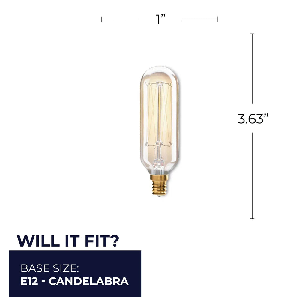 Bulbrite 132517, 40 Watt Dimmable Antique Nostalgic Thread Filament T8 Candelabra (E12) Incandescent Tubular Light Bulb