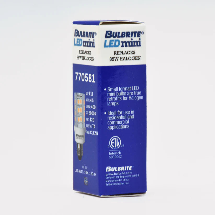 Bulbrite 770581, LED Mini T4 Dimmable Mini-Candelabra Screw Base (E11) Light Bulb 35 Watt Equivalent 3000K, Clear