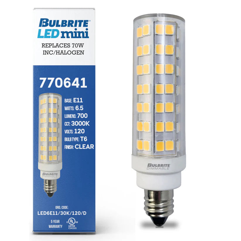 Bulbrite 770641, LED Specialty Minis T6 Tubular Light Bulb with E11 base, Clear, 3000K, 700 Lumens
