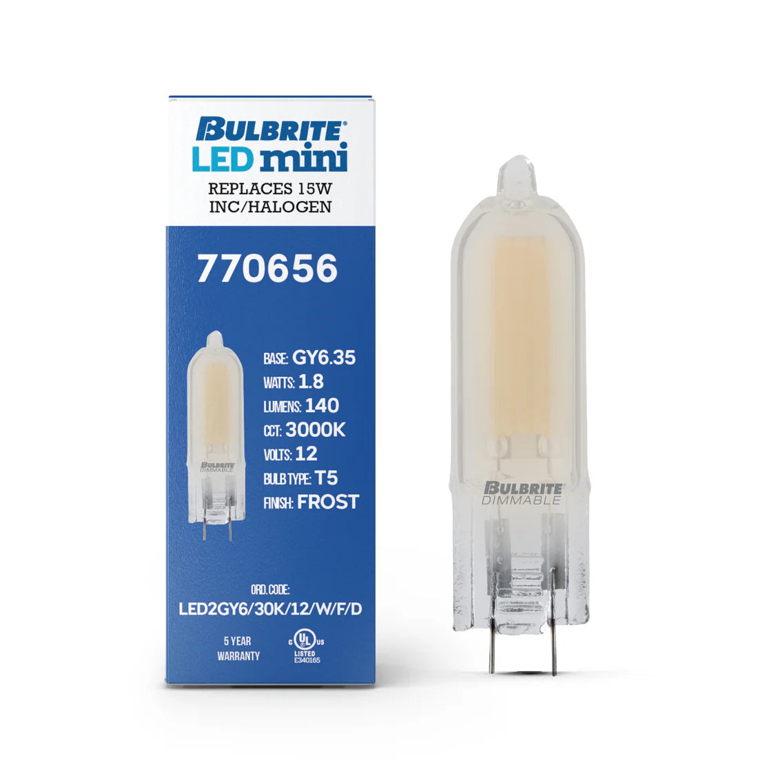 Bulbrite 770656, LED Filament 1.8 Watt Dimmable T5 Light Bulb with Frost finish and (GY6.35) Base - 3000K Soft White Light, 140 Lumens