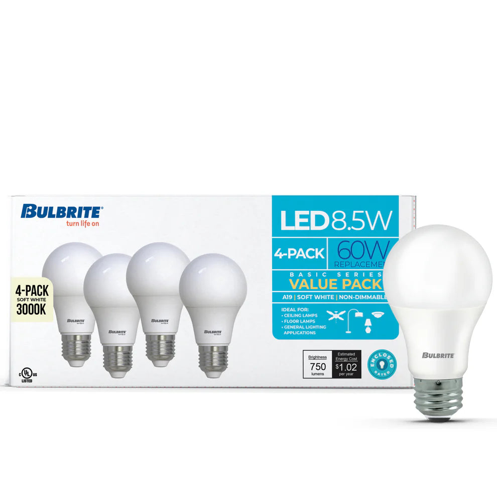 (4 Pack) Bulbrite 774248, 8.5 Watt A19 LED Light Bulb, 3000k E26 Base, 750 Lumens