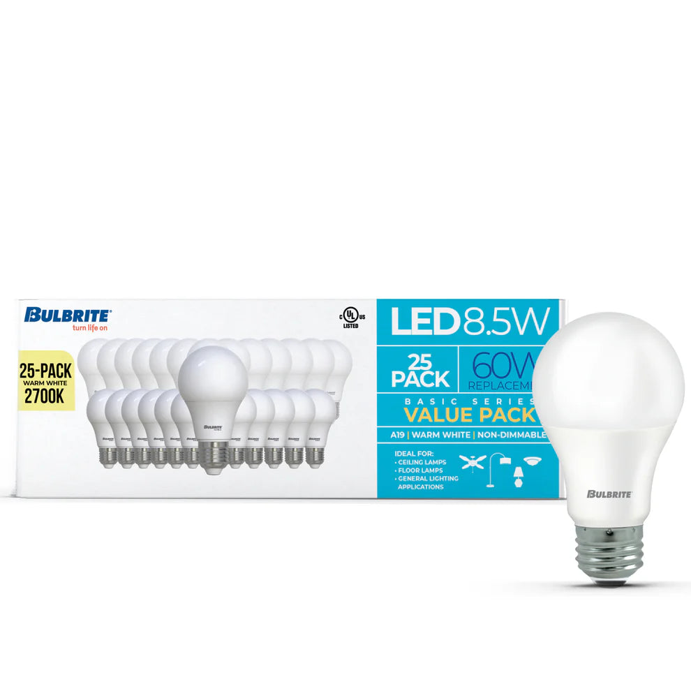 (25 Pack) Bulbrite 774251, 8.5 Watt A19 LED Light Bulb, 2700k E26 Base, 750 Lumens