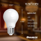 Bulbrite 9 Watt LED A19 Light Bulb, Warm Dimming 3000K (Soft White) - 1800K (Candlelight), 800 Lumens