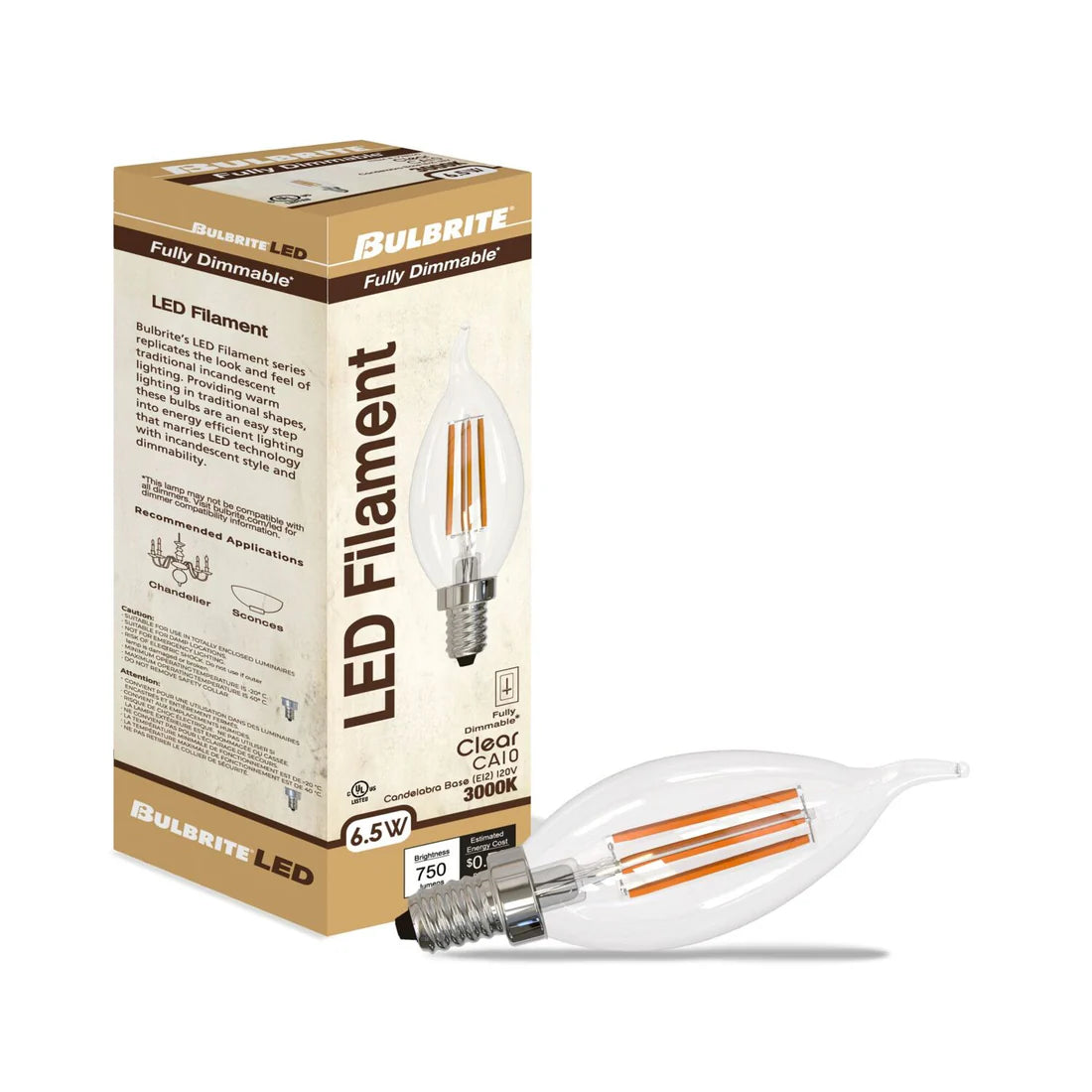 Bulbrite 776740, LED Filament 6.5 Watt Dimmable CA10 Light Bulb with a Clear finish and Candelabra (E12) Base - 3000K Soft White Light, 750 Lumens