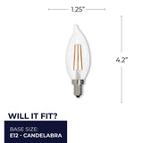 Bulbrite 776741, LED Filament 5 Watt Dimmable CA10 Light Bulb with Clear finish and Candelabra (E12) Base - 2700K Warm White Light, 500 Lumens