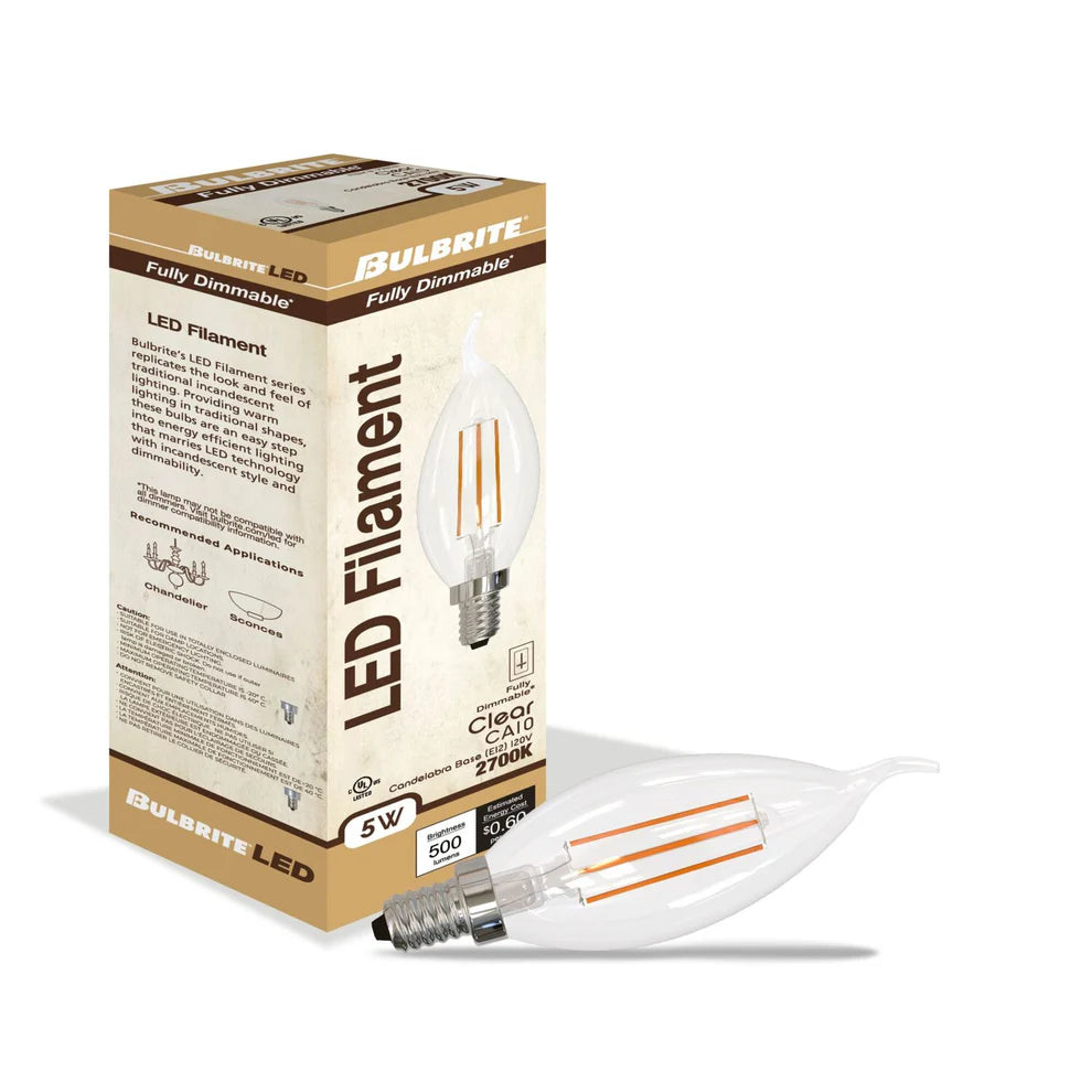Bulbrite 776741, LED Filament 5 Watt Dimmable CA10 Light Bulb with Clear finish and Candelabra (E12) Base - 2700K Warm White Light, 500 Lumens