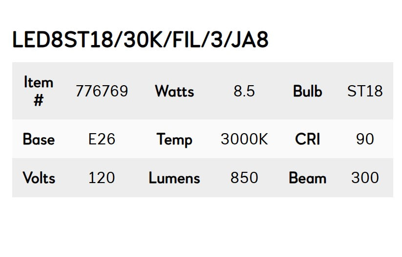 Bulbrite 776769, 8.5 Watt Dimmable Clear Filament ST18 Medium (E26) LED Bulb - 850 Lumens, 3000K, and 90 CRI