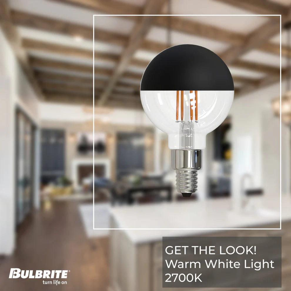 Bulbrite 776834, LED Filament 2.5 Watt Dimmable G16 Light Bulb with Half Black finish and Candelabra (E12) Base - 2700K Warm White Light, 200 Lumens