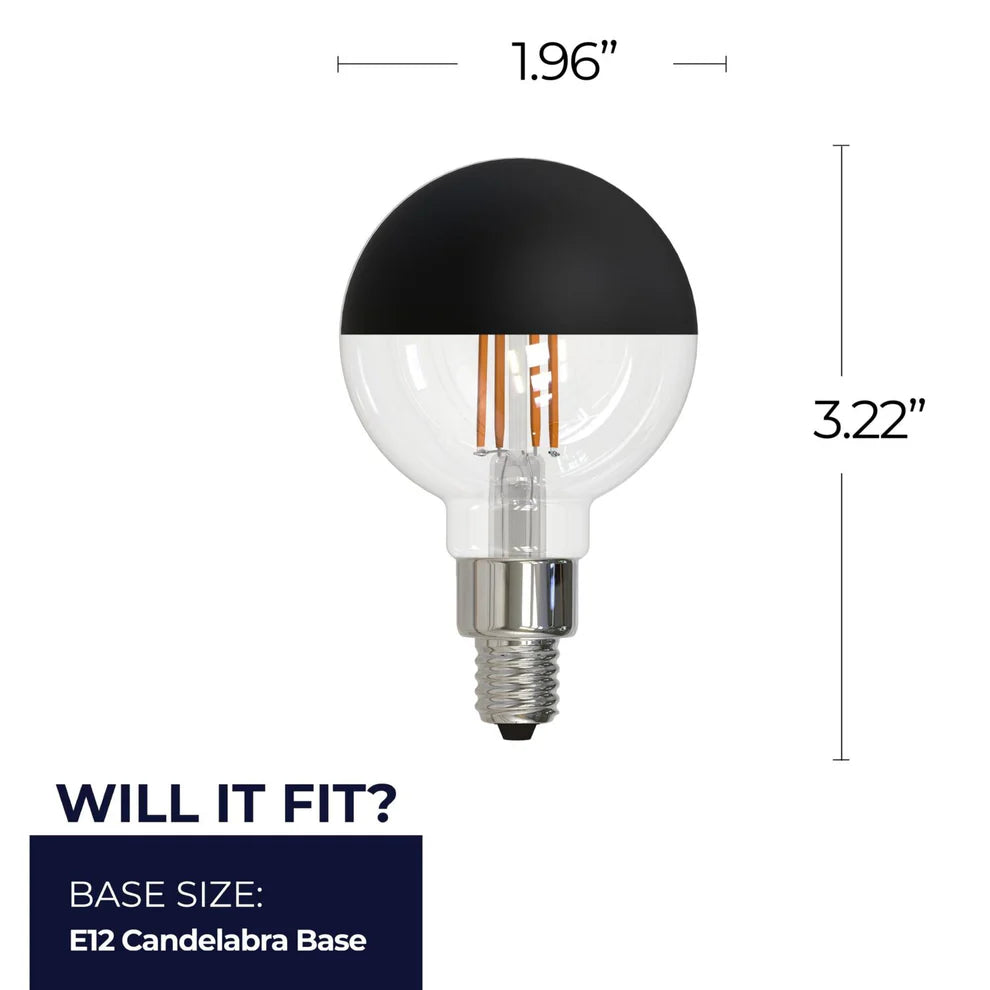 Bulbrite 776834, LED Filament 2.5 Watt Dimmable G16 Light Bulb with Half Black finish and Candelabra (E12) Base - 2700K Warm White Light, 200 Lumens