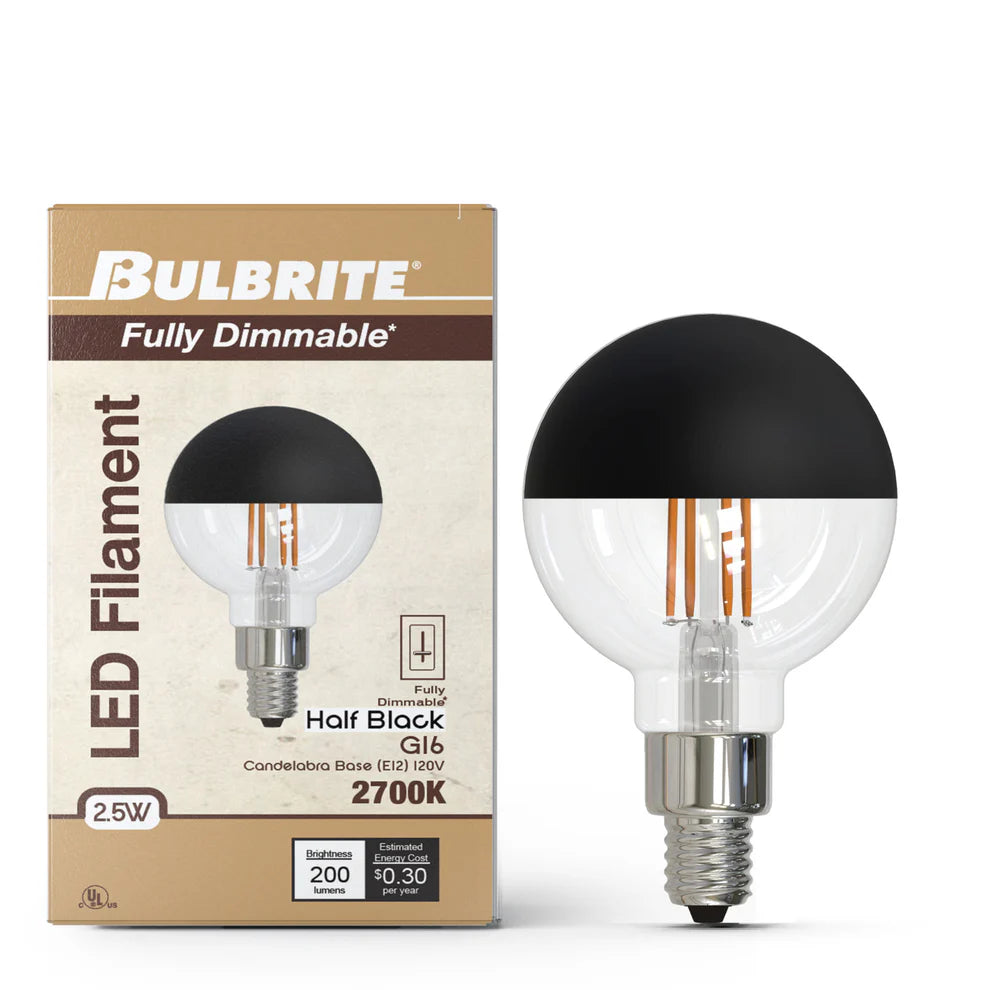 Bulbrite 776834, LED Filament 2.5 Watt Dimmable G16 Light Bulb with Half Black finish and Candelabra (E12) Base - 2700K Warm White Light, 200 Lumens